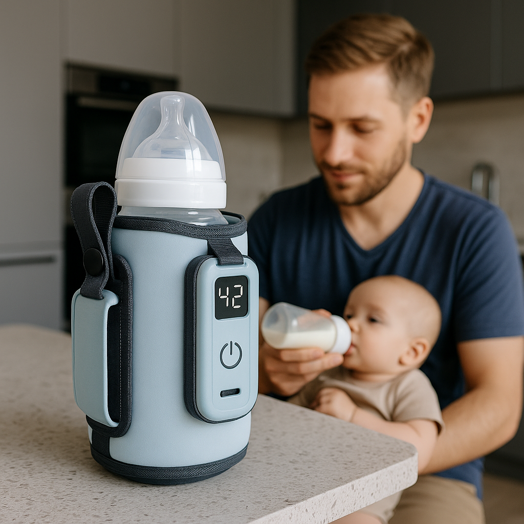 Papa donnant le biberon à son bébé avec un chauffe biberon portable