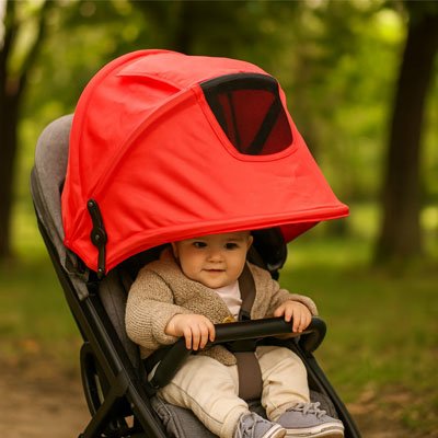 Par soleil pour poussette orange avec fenêtre pour surveiller bébé facilement