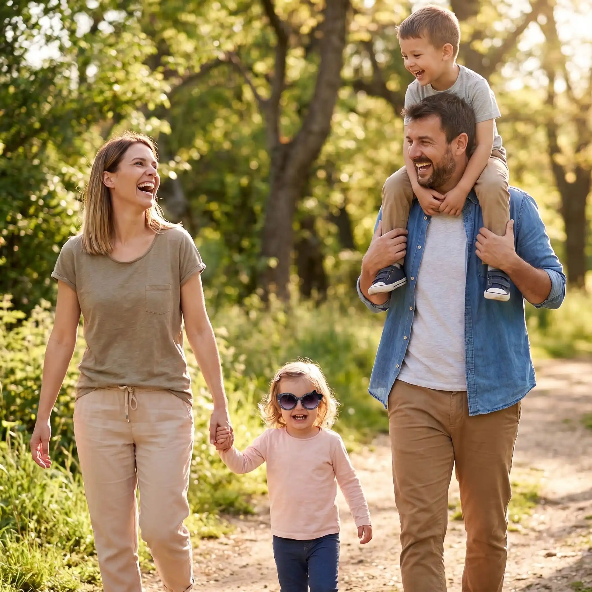 Petite fille portant des lunettes de soleil bébé UV400 pendant une balade familiale en extérieur