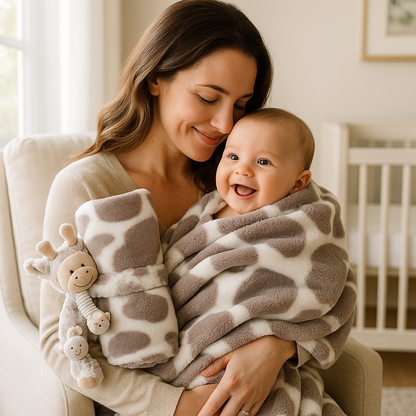 Maman portant son bébé, couvert d’un plaid bébé confortable et pratique avec une peluche douce, exprimant tendresse et bien-être