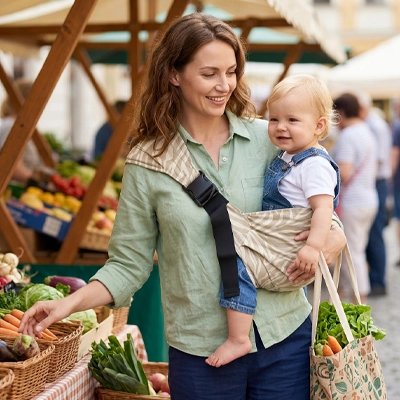 Porte bébé beige ergonomique à sangle latérale pour un portage confortable