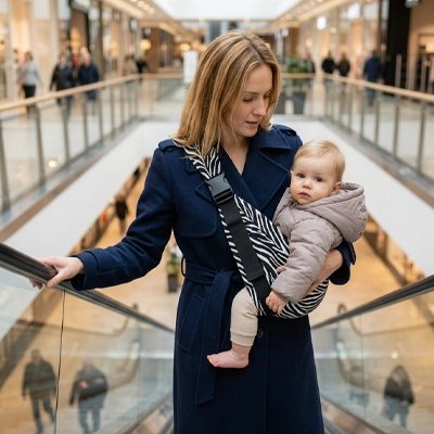 Moment de complicité grâce au porte bébé pendant une promenade