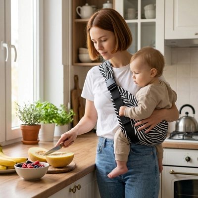 Moment de complicité grâce au porte bébé pendant maman préparant son repas