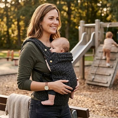 Porte bébé ergonomique avec bébé installé confortablement