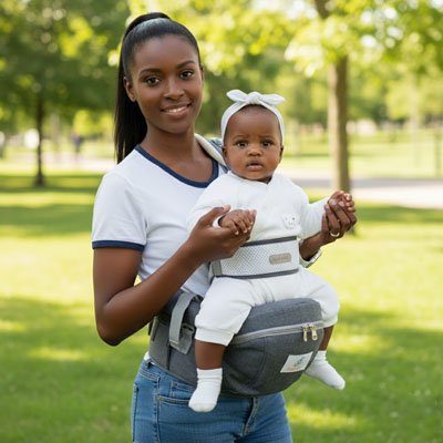 Bébé installé dans un porte bébé ergonomique en position physiologique