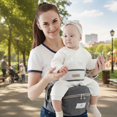 Maman utilisant un porte bébé ergonomique pendant une promenade