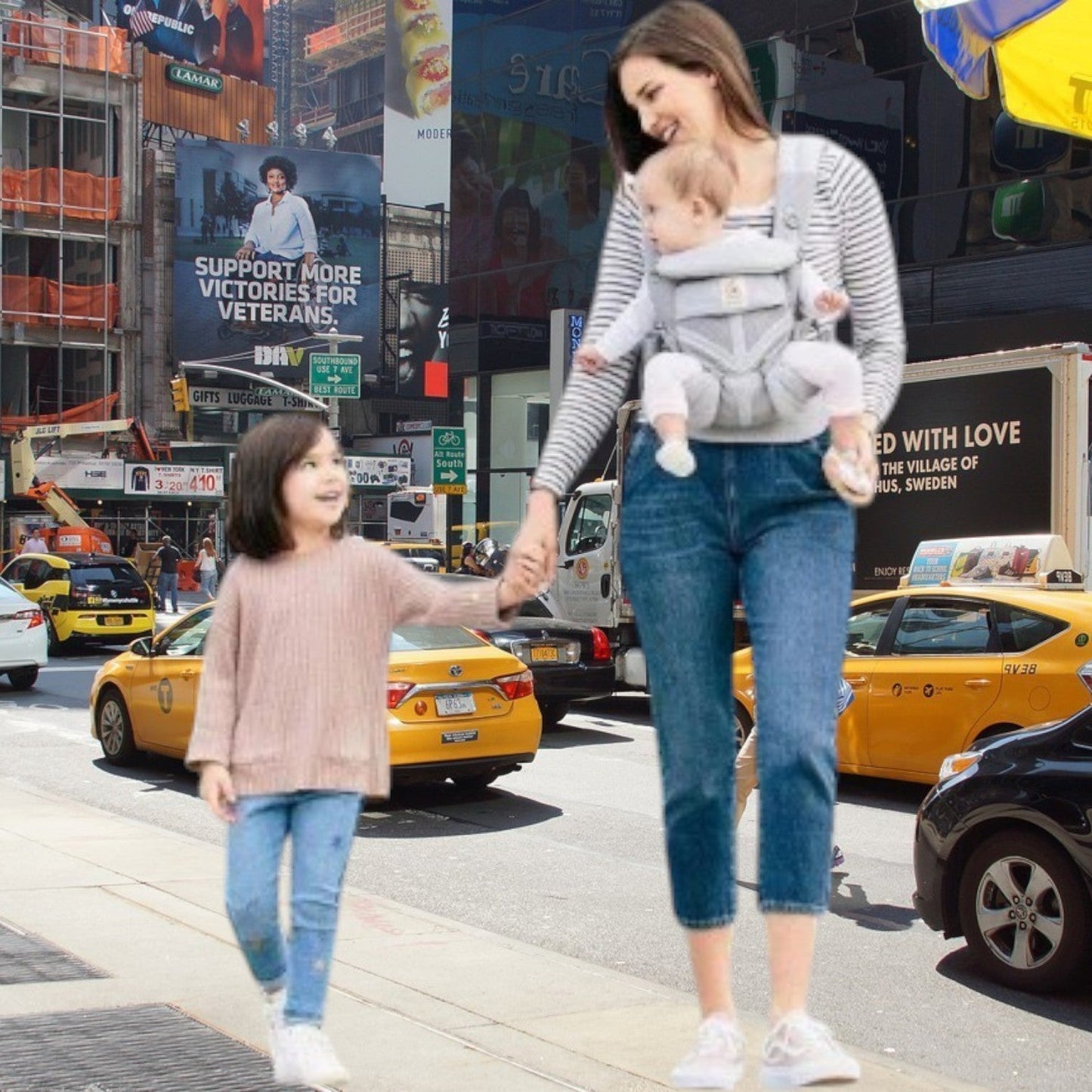 Porte bebe flexible et sécurisé pour une sortie au centre-ville avec maman et sa fille et son bébé