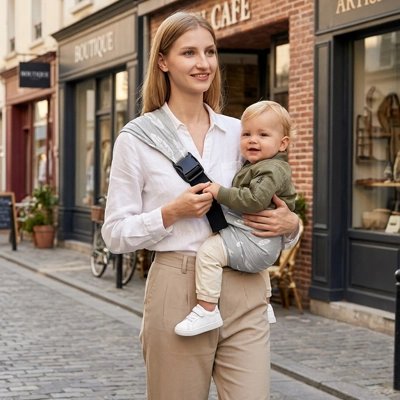 Porte bébé gris ergonomique à sangle latérale pour un portage confortable