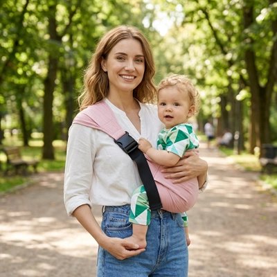Porte bébé rose physiologique offrant une position confortable à bébé pendant les sorties