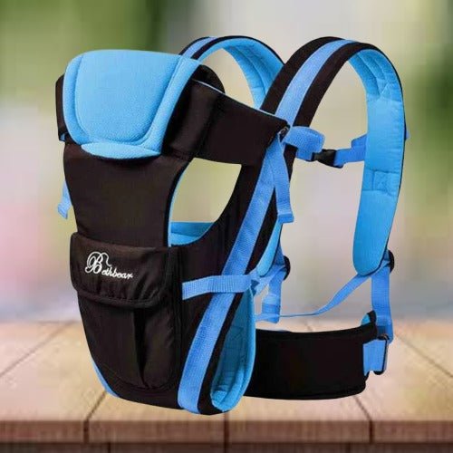 Porte bébé physiologique couleur noir et bleu au design élégant pour bébé et parent