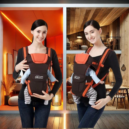 Porte bébé physiologique orange en portage ergonomique avant face à maman 