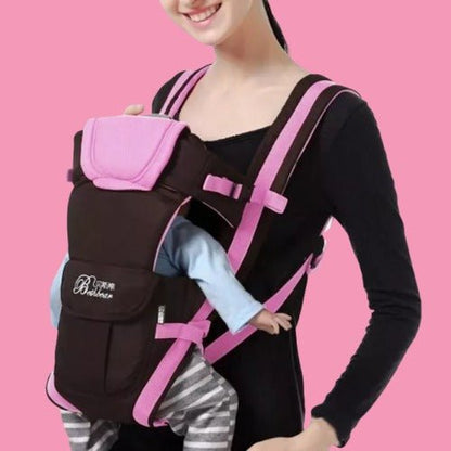Porte bébé physiologique rose et noir style kangourou offrant confort et maintien pour bébé