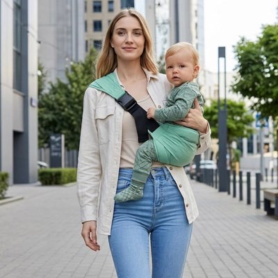 Porte bébé vert à sangle latérale permettant de porter bébé confortablement lors d'une promenade 