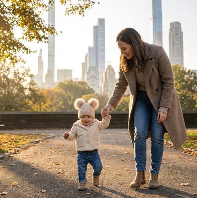 Premiers pas de bébé en balade portant un bonnet bébé garçon beige