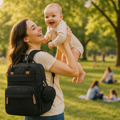 Promenade agréable d’une maman avec son bébé et un sac à dos à langer pratique et confortable