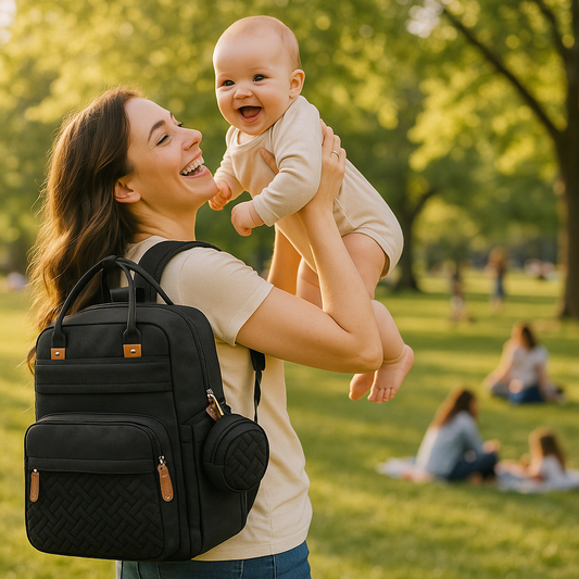 Promenade agréable d’une maman avec son bébé et un sac à dos à langer pratique et confortable
