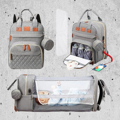 Sac à dos à langer utilise comme lit pour bébé avec poches de rangement ouvertes