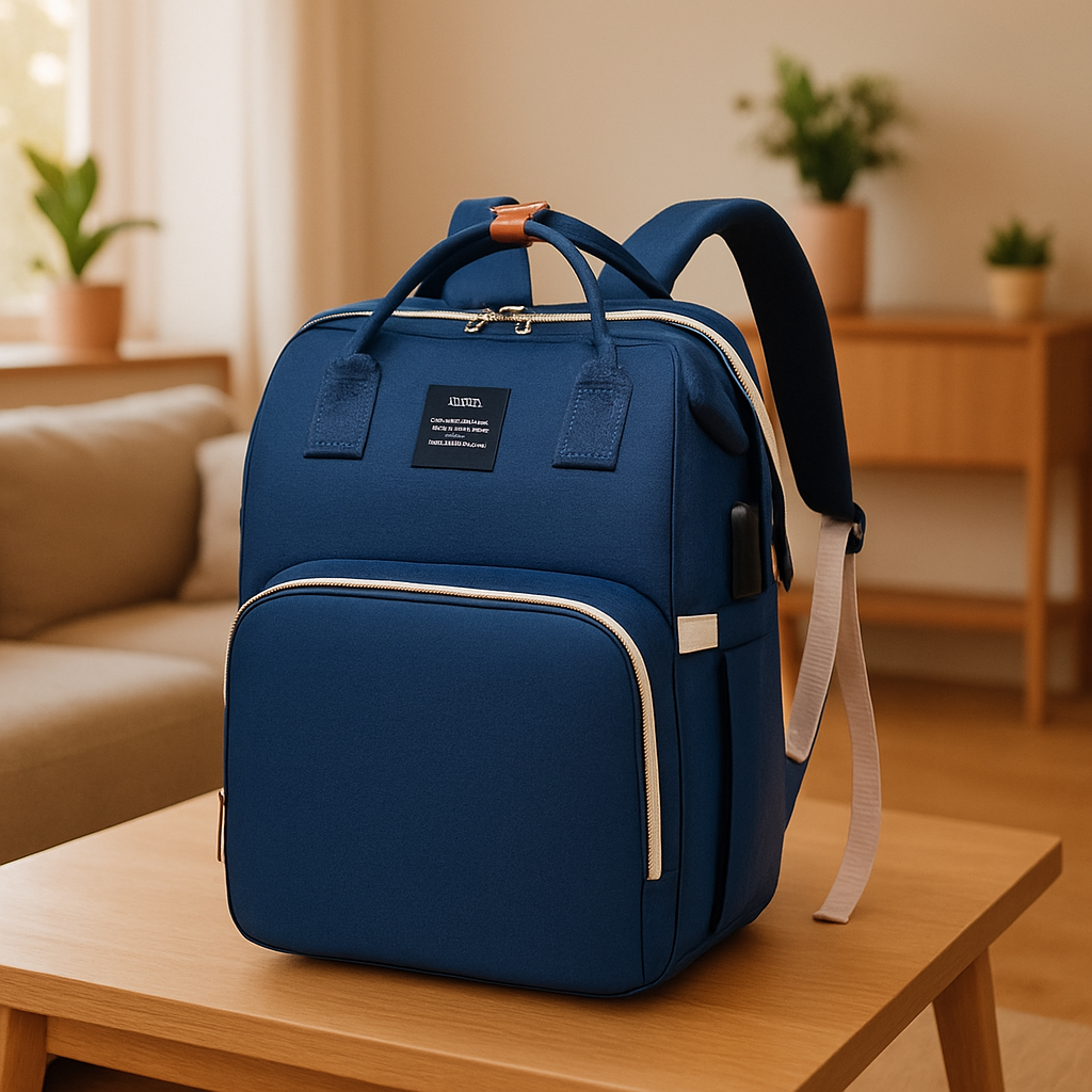 Sac à dos à langer bleu au design moderne idéal pour les parents actifs grâce à son rangement intelligent