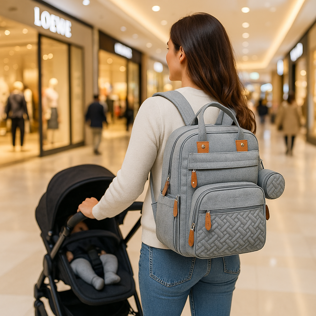 Sac à dos à langer gris clair pratique et élégant idéal pour les sorties avec bébé