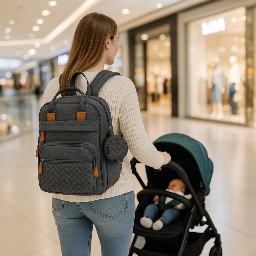 Sac à dos à langer gris foncé pratique et élégant idéal pour les sorties avec bébé
