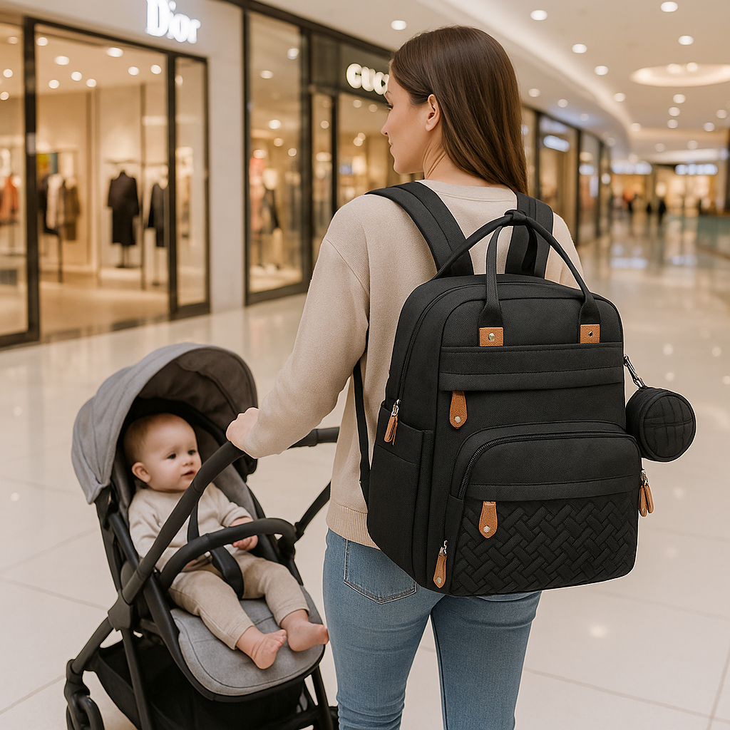 Sac à dos à langer noir pratique et élégant idéal pour les sorties avec bébé