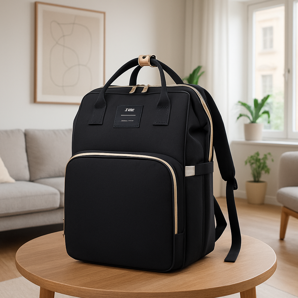 Sac à dos à langer noir au design moderne idéal pour les parents actifs grâce à son rangement intelligent