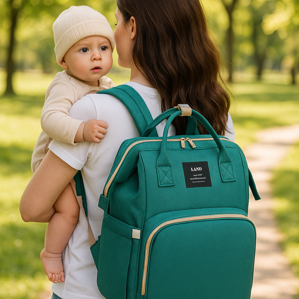 Sac à dos à langer vert au design moderne idéal pour les parents actifs grâce à son rangement intelligent