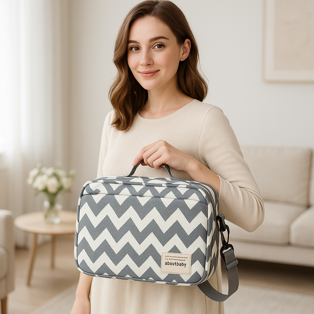 Sac a langer bebe gris imprimé élégant et fonctionnel pour maman et bébé lors des sorties