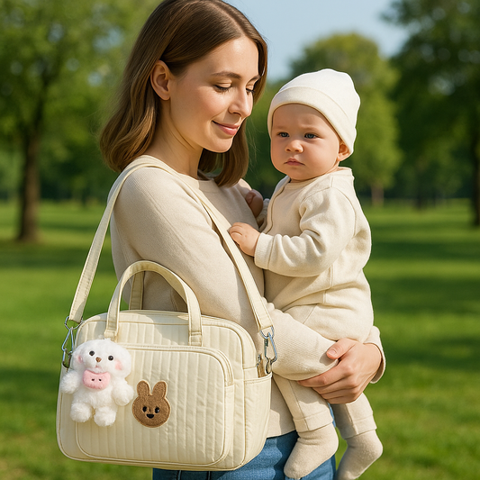 Sac a langer bébé jaune avec motif peluche porté par maman avec son bébé