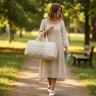 Sac à langer bébé luxe floral beige avec tissu matelassé doux et grande capacité de rangement