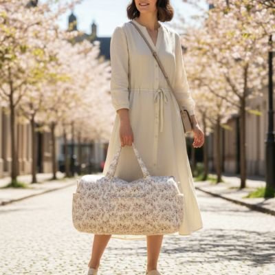 Sac a langer luxe chic beige à motif floral, léger, pratique et spacieux pour les sorties avec bébé