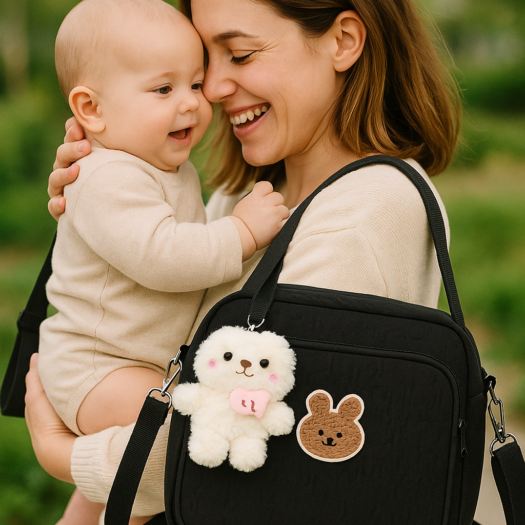 Sac à langer bébé noir avec motif peluche porté par une maman avec son bébé lors d’une sortie 