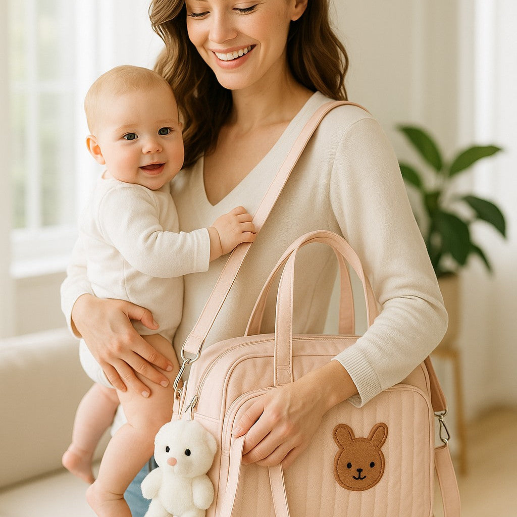 Sac à langer bébé rose élégant avec motif peluche porté par une maman avec son bébé