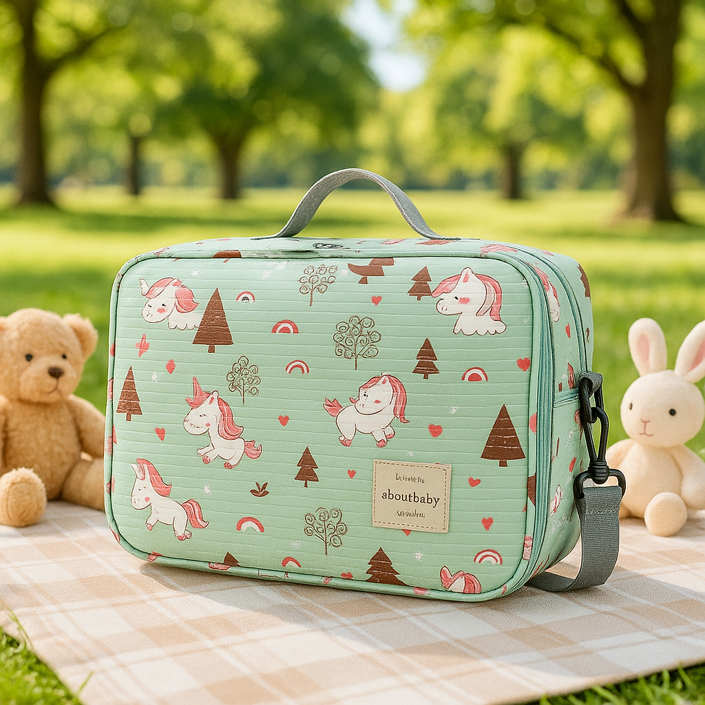Sac a langer bebe vert imprimé élégant et fonctionnel pour maman et bébé lors des sorties
