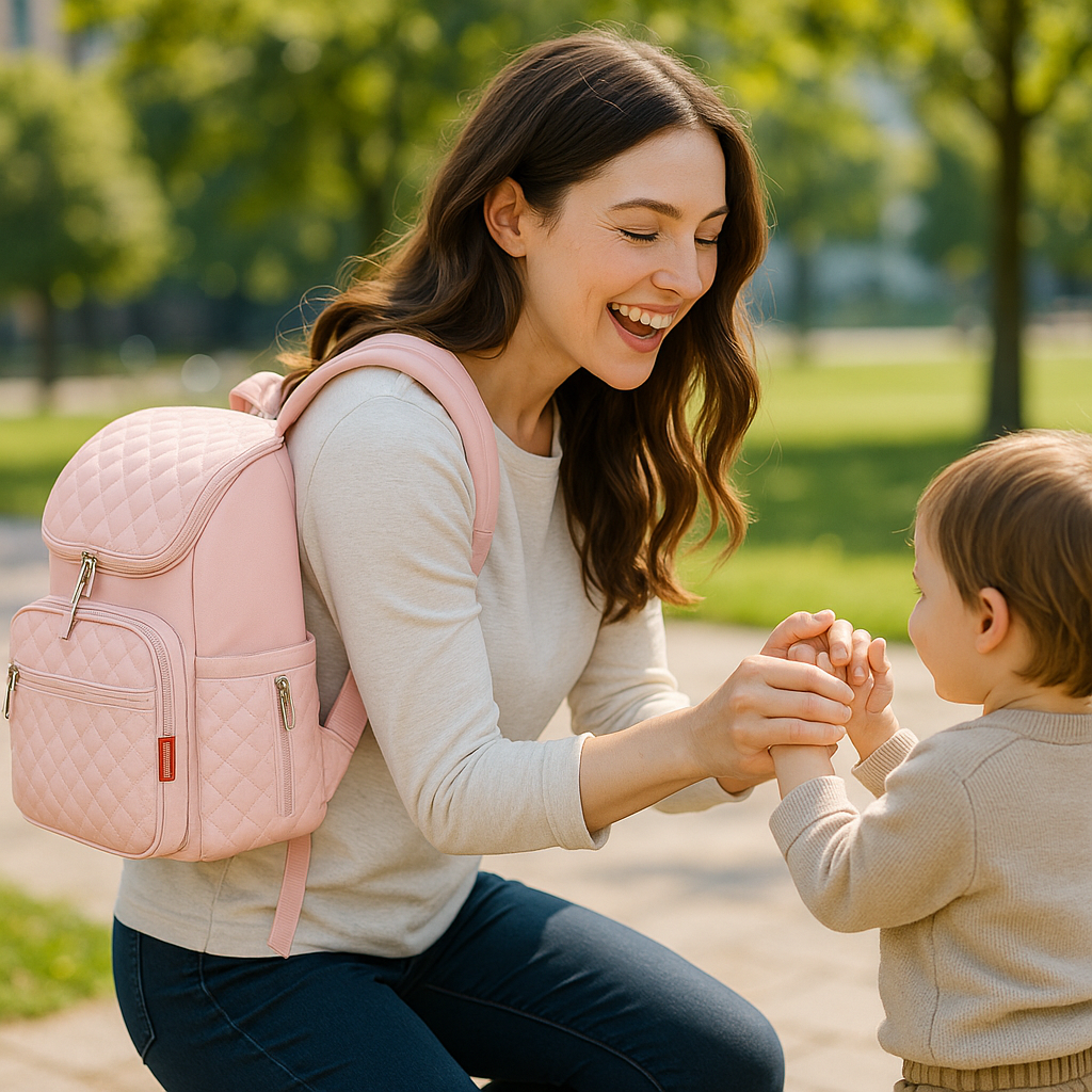 Jeune maman portant un sac à langer rose élégant avec son bébé dans un jardin