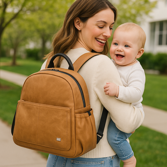 femme souriante portant un sac à langer luxe marron clair et tenant un bébé souriant 