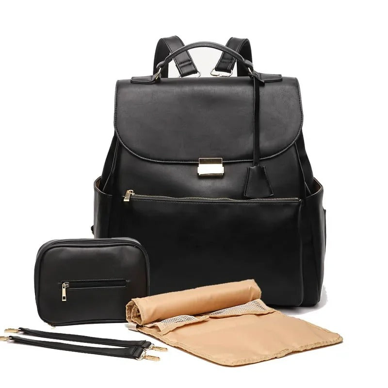 Sac a langer luxe en cuir PU avec tapis à langer pochette assortie et accessoires inclus