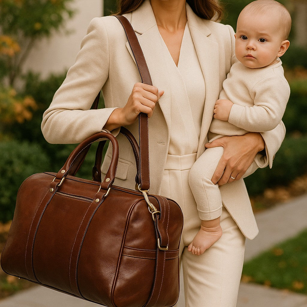 Sac à langer luxe en cuir véritable marron foncé avec finitions haut de gamme