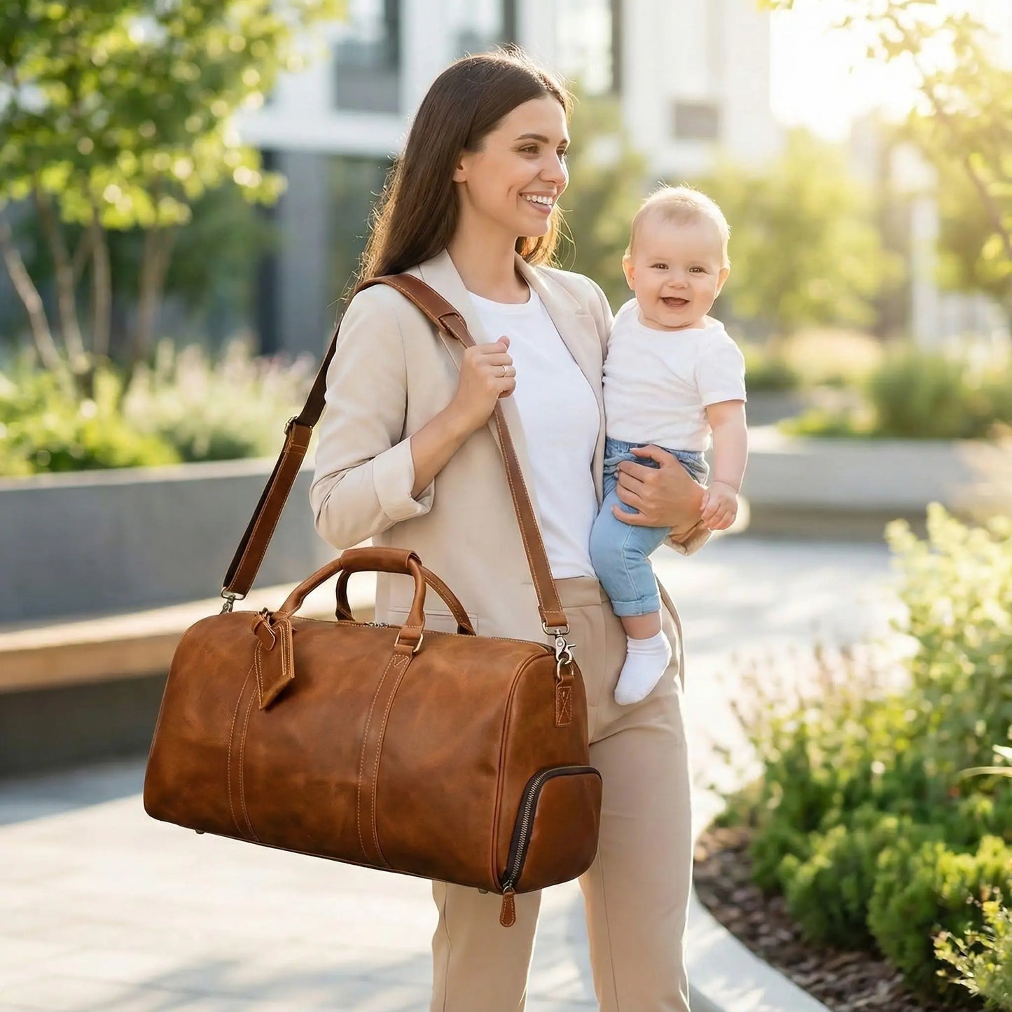 Sac à langer luxe en cuir véritable marron alliant élégance et praticité