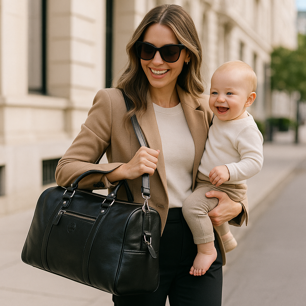 Sac à langer luxe en cuir véritable noir au design élégant et fonctionnel