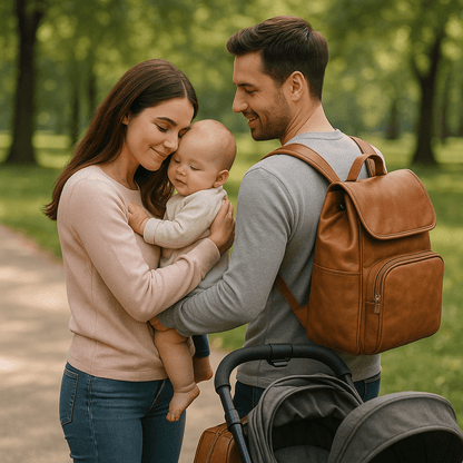 Jeune famille avec bébé en balade et sac à langer luxe en cuir