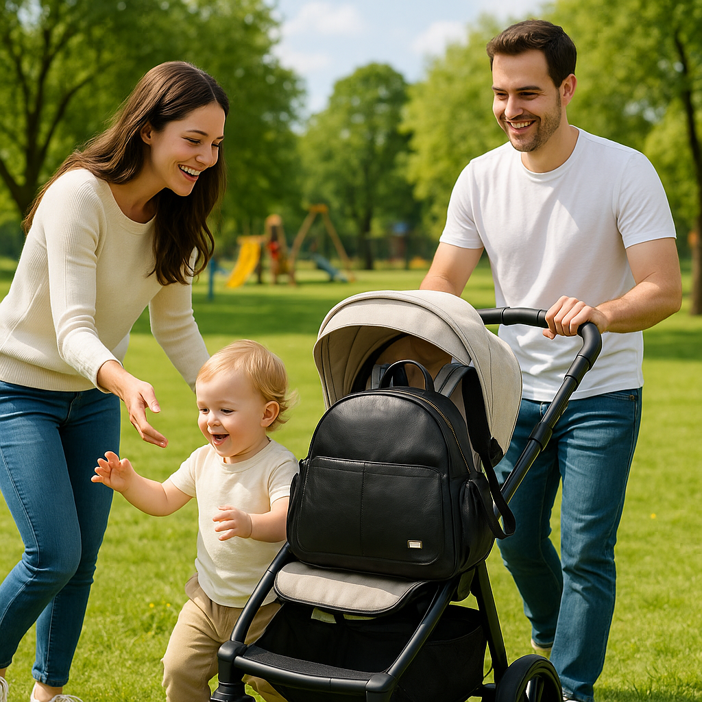 sac à langer luxe nomade élégant parents en balade tranquillement