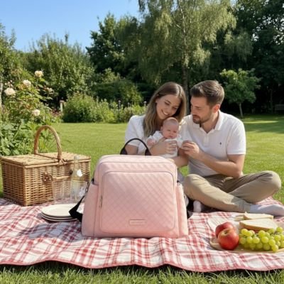 Sac à langer luxe rose matelassé  avec grande capacité de rangement pour les sorties en famille avec bébé