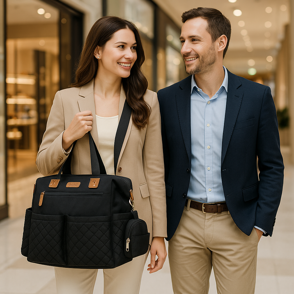 Couple élégant avec sac à langer noir accessoire chic et fonctionnel 
