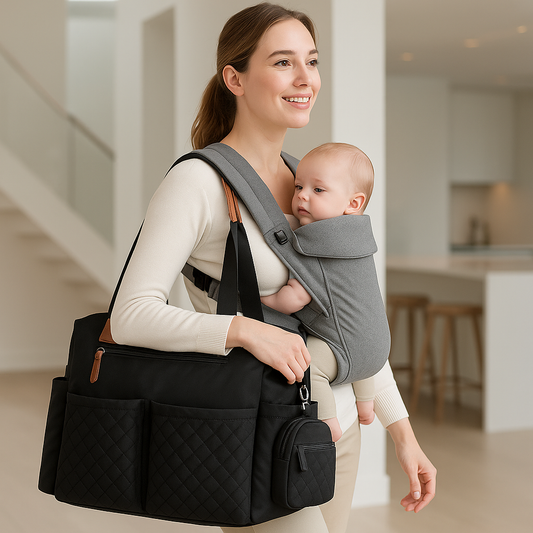 Maman élégante portant un bébé en porte bébé gris avec un sac à langer noir spacieux et pratique idéal pour les sorties