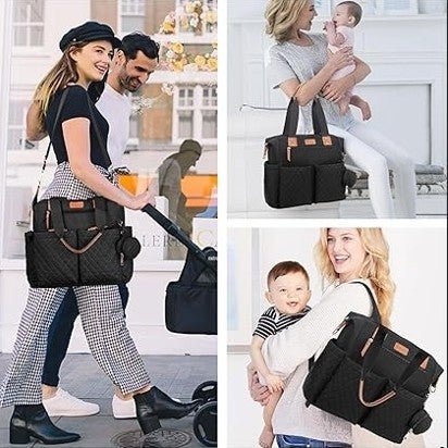 Maman moderne et élégante portant un sac à langer noir dans différentes positions à la main à l'épaule