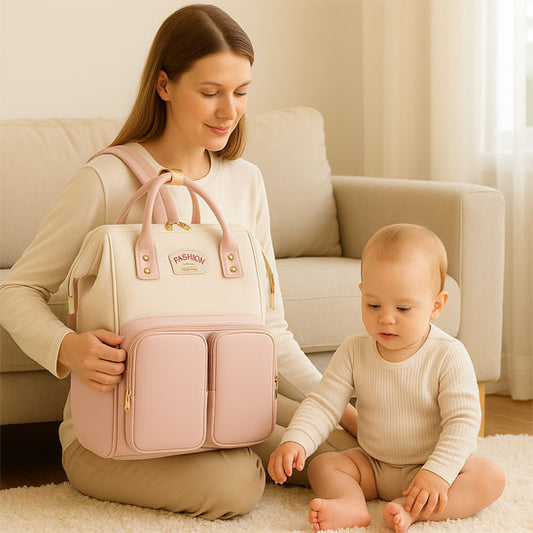 Maman tenant un sac a langer rose avec son bébé dans un salon lumineux