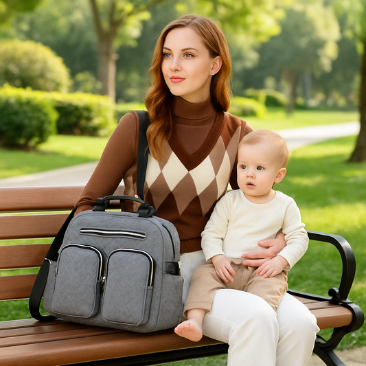 Sac langer luxe et chic pour maman élégante avec bébé dans un jardin