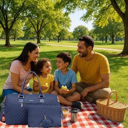 Sac pour bébé pratique et visible lors d’un pique-nique en famille avec papa maman et deux enfants dans un parc