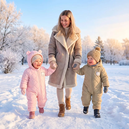 Maman en promenade avec deux enfants portant une combi pilote bébé rose pour fille et une combi pilote bébé kaki pour garçon pendant l'hiver